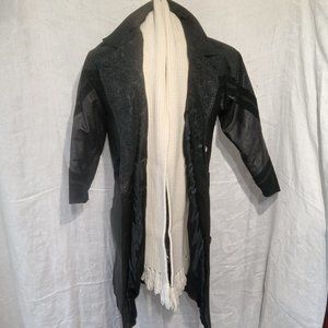 Vintage Black International Outer Wear Leather Trench Coat Flower embossed-Small